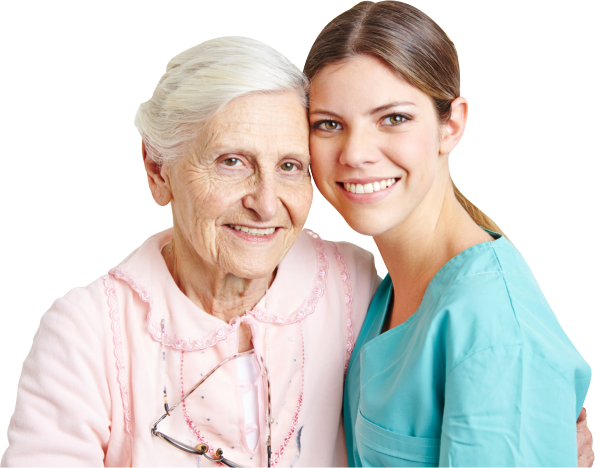 a senior together with the caregiver smiling